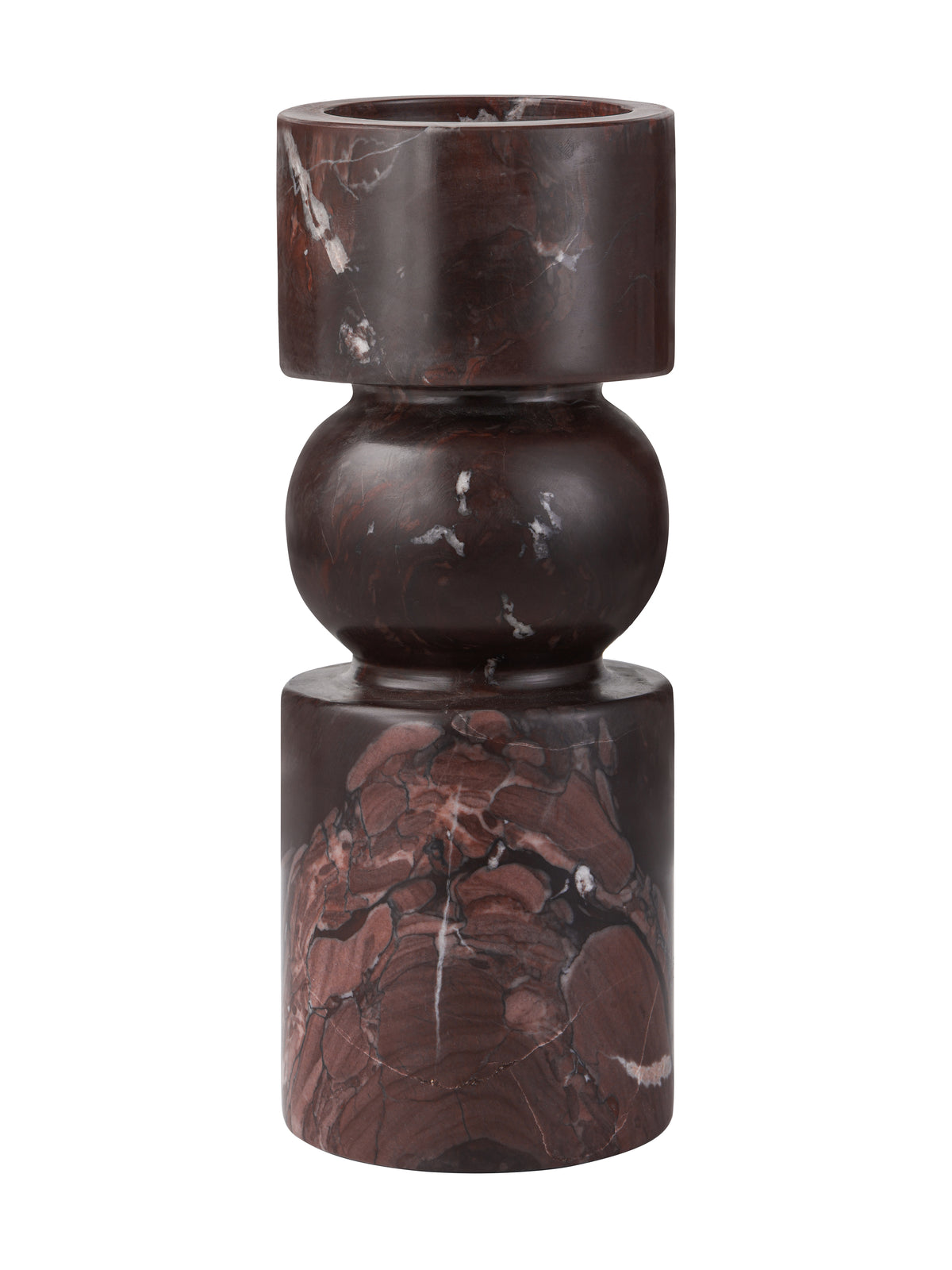 Front view of the burgundy marble candle holder with a rounded centre between a cylindrical top and base.