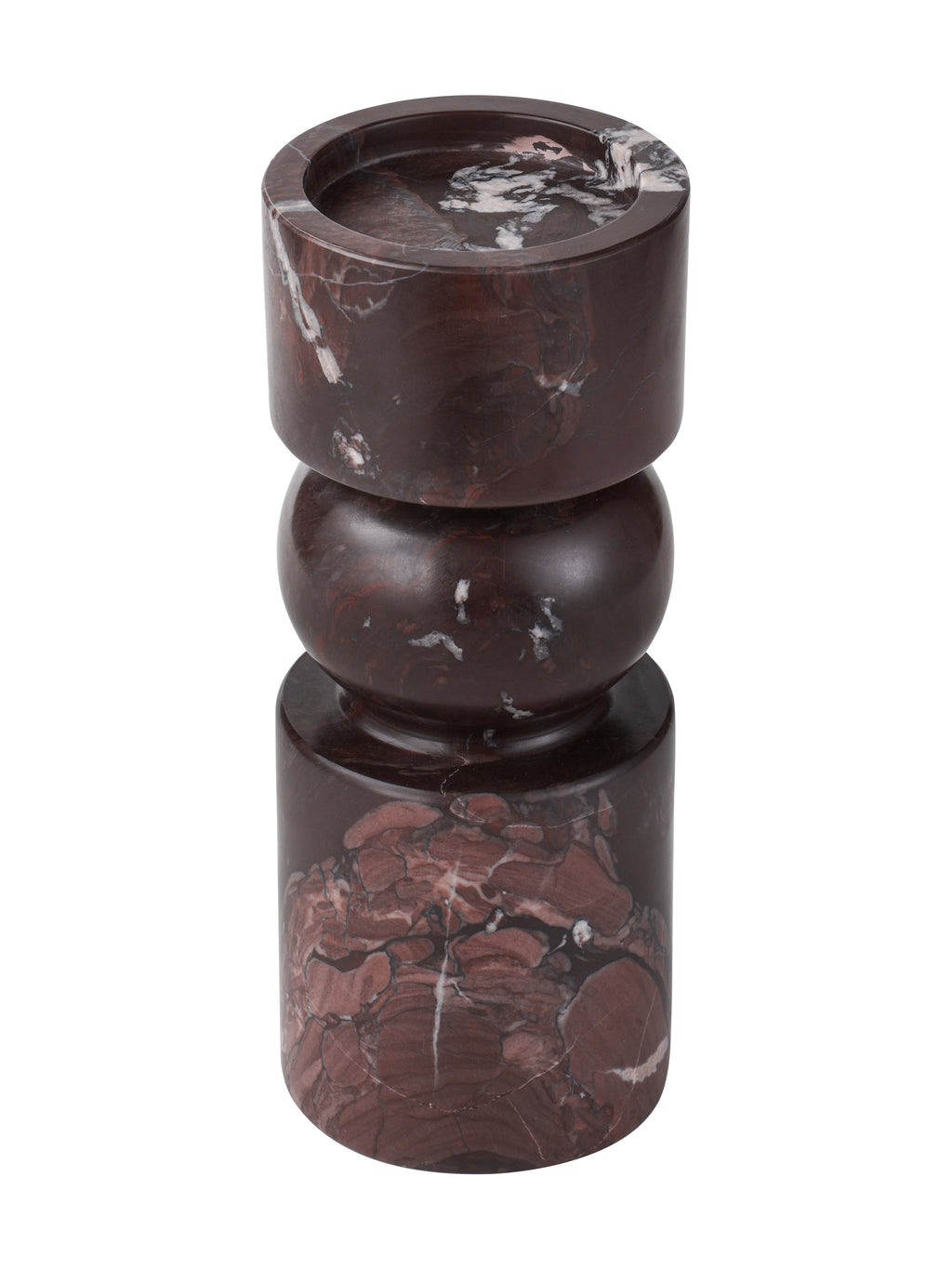 Elevated angled view of the marble candle holder, showing its recessed circular top and veined cylindrical base.
