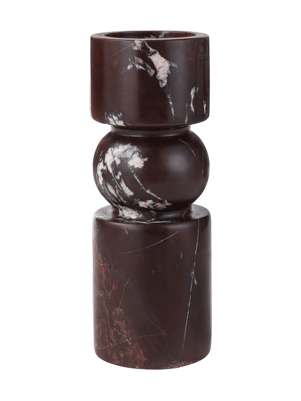 Front view of the dark red marble candle holder, with a rounded centre between cylindrical top and base and pale veining.