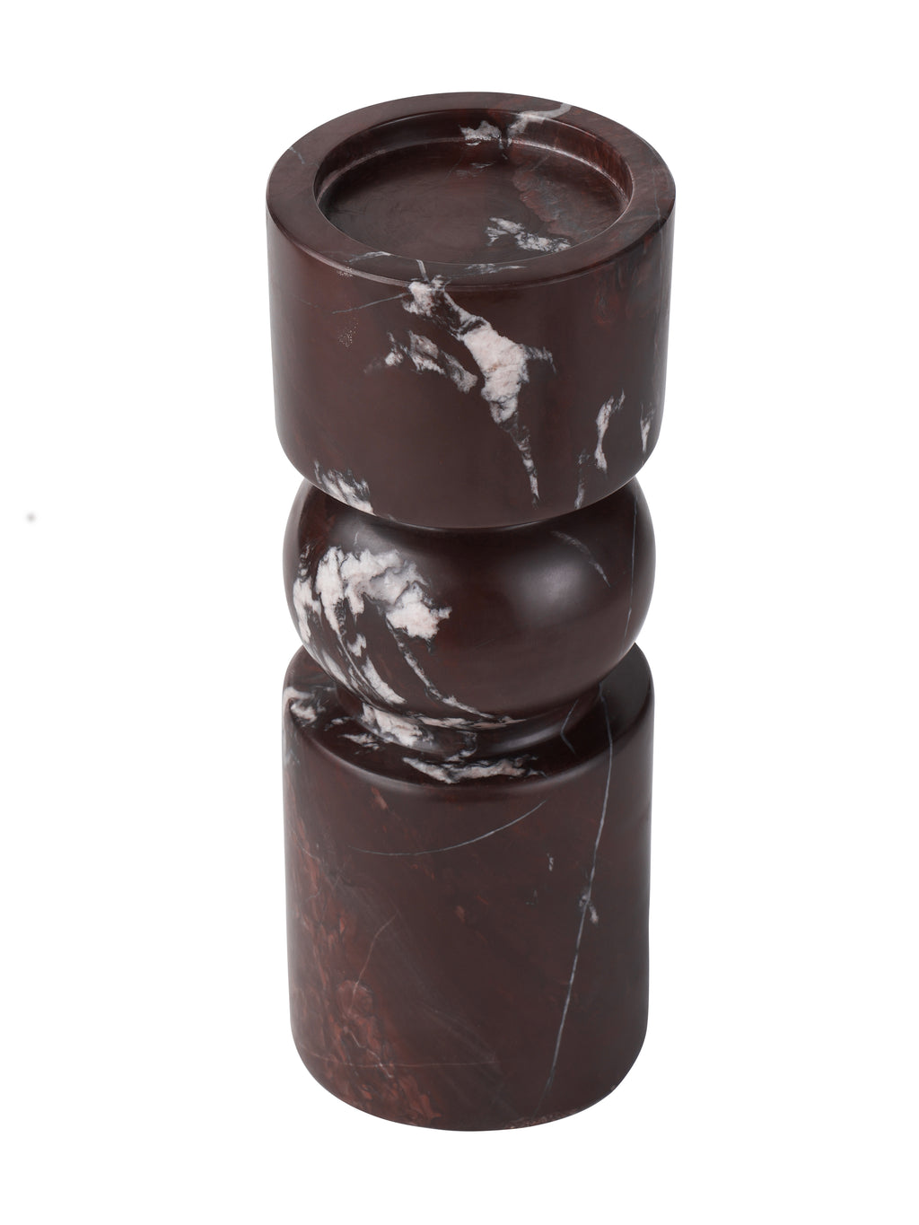 Elevated angled view of the marble candle holder showing its recessed circular top, rounded centre and cylindrical base.