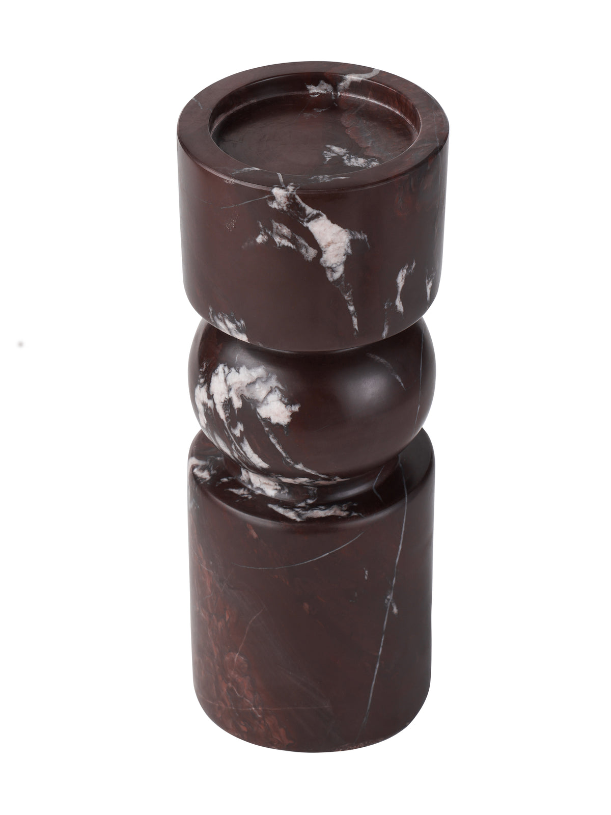 Elevated angled view of the marble candle holder showing its recessed circular top, rounded centre and cylindrical base.