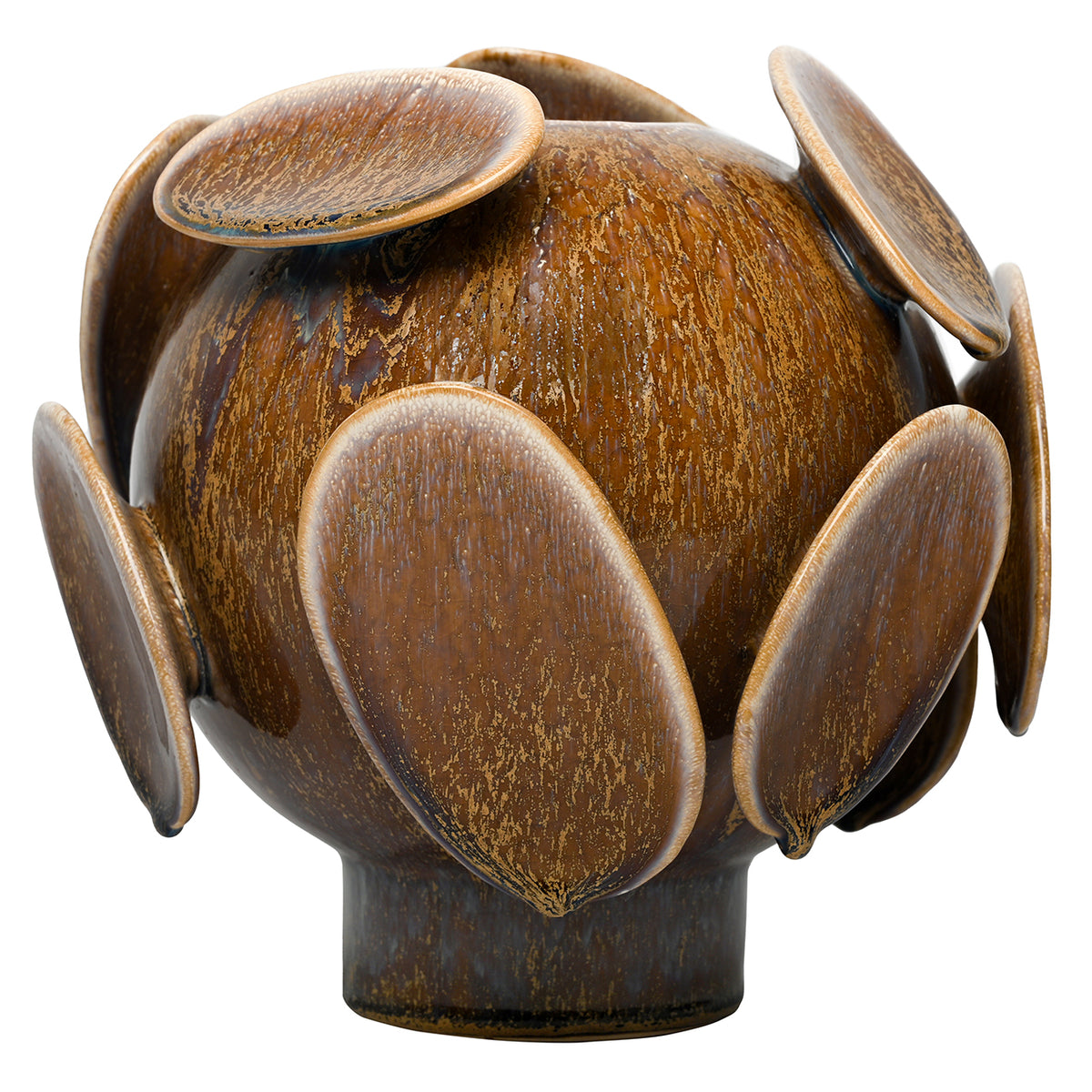 Front view of the rounded brown Orb Glaze Vase with projecting oval discs and a short cylindrical foot.