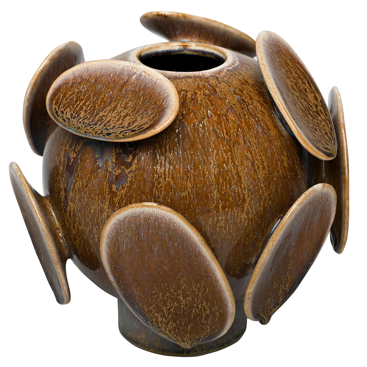 Elevated view of the vase showing its small round mouth and overlapping discs at different heights.