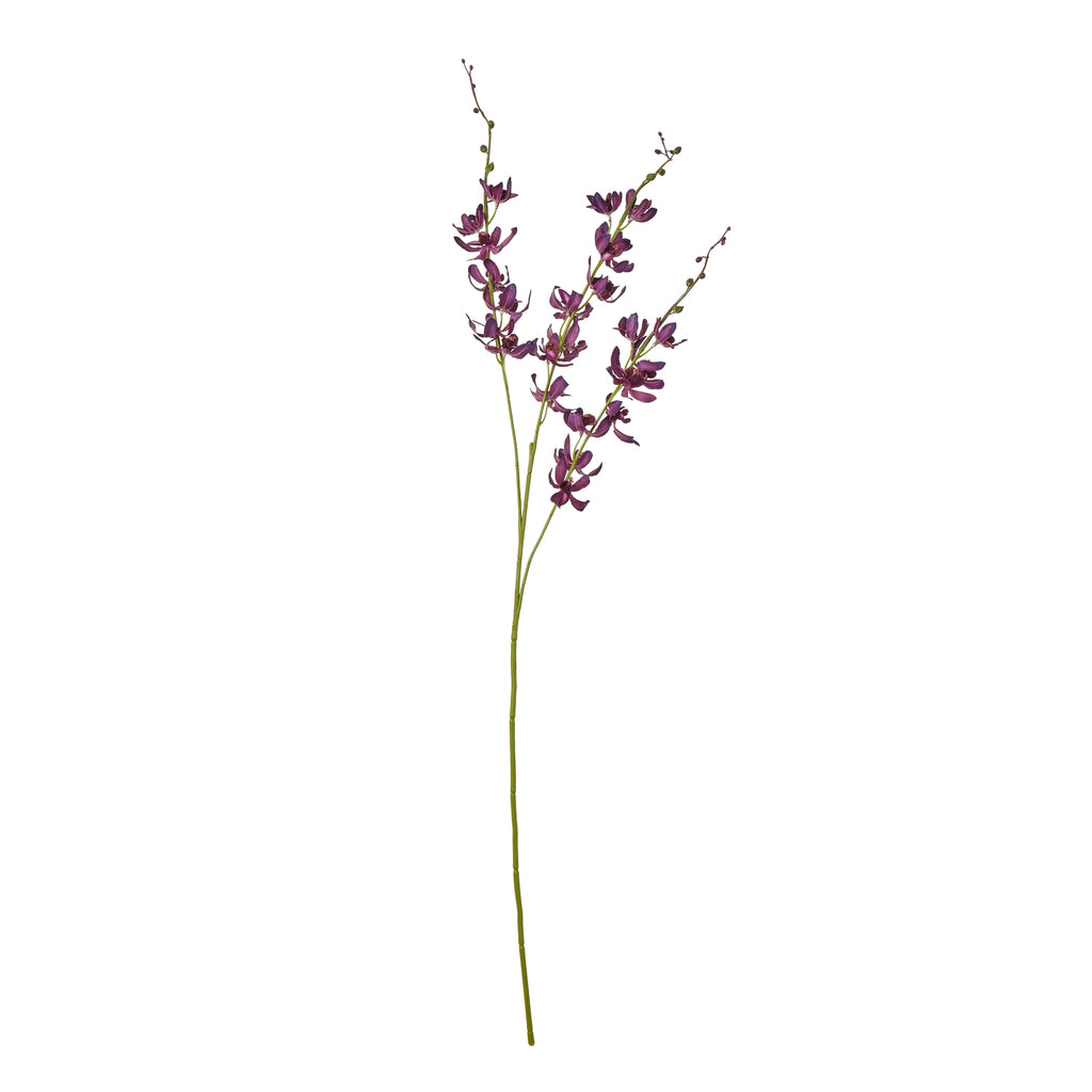 Deep purple artificial flower spray shown in full against white, with a long green main stem and flowering side branches.