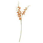 Full view of an orange artificial flower spray with a long green main stem, flower-bearing side branches and small buds against white.