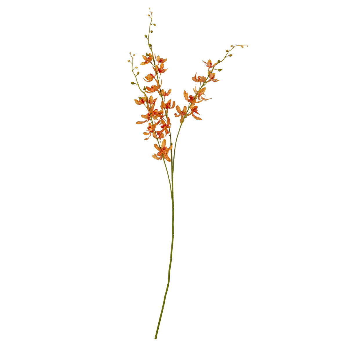 Full view of an orange artificial flower spray with a long green main stem, flower-bearing side branches and small buds against white.