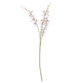 Full view of a pale lilac artificial flower spray with a long green stem, flowering side branches and small buds against white.
