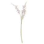 Full view of a pale lilac artificial flower spray with a long green stem, flowering side branches and small buds against white.