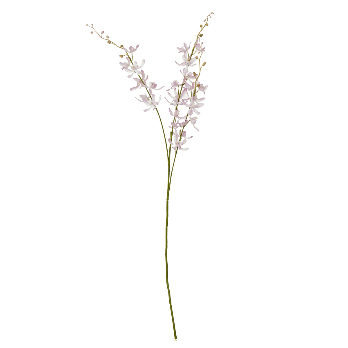 Full view of a pale lilac artificial flower spray with a long green stem, flowering side branches and small buds against white.