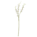 White artificial flower spray shown in full against white, with a long green main stem and arching branches of orchid-like flowers and buds.