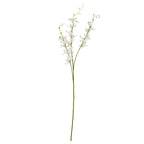 White artificial flower spray shown in full against white, with a long green main stem and arching branches of orchid-like flowers and buds.