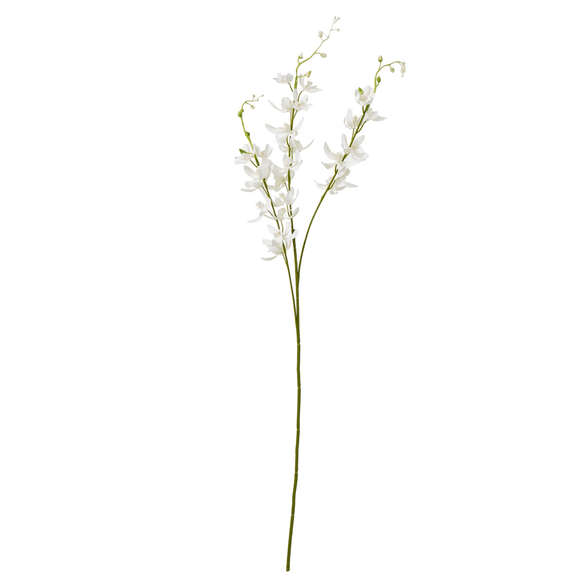 White artificial flower spray shown in full against white, with a long green main stem and arching branches of orchid-like flowers and buds.