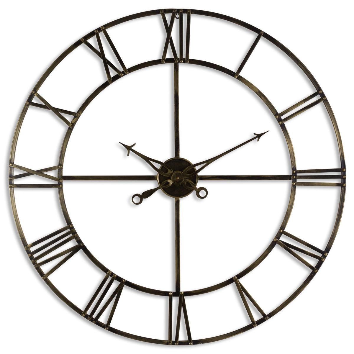 Front view of an open circular wall clock against white, with antique-brass-toned rings, Roman-numeral bars, four spokes and ornate pointed hands with looped ends.