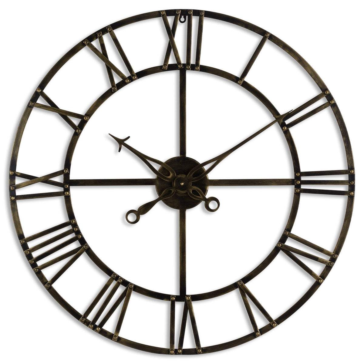 Front view of an open circular wall clock with dark brass-toned rings, Roman-numeral bars, four straight spokes and ornate hands against white.