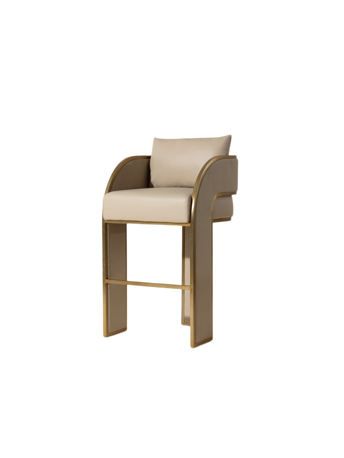 Three-quarter front view of a beige bar stool with a padded seat and back, curved arms, vertically stitched side panels, gold outlines and a front footrest.