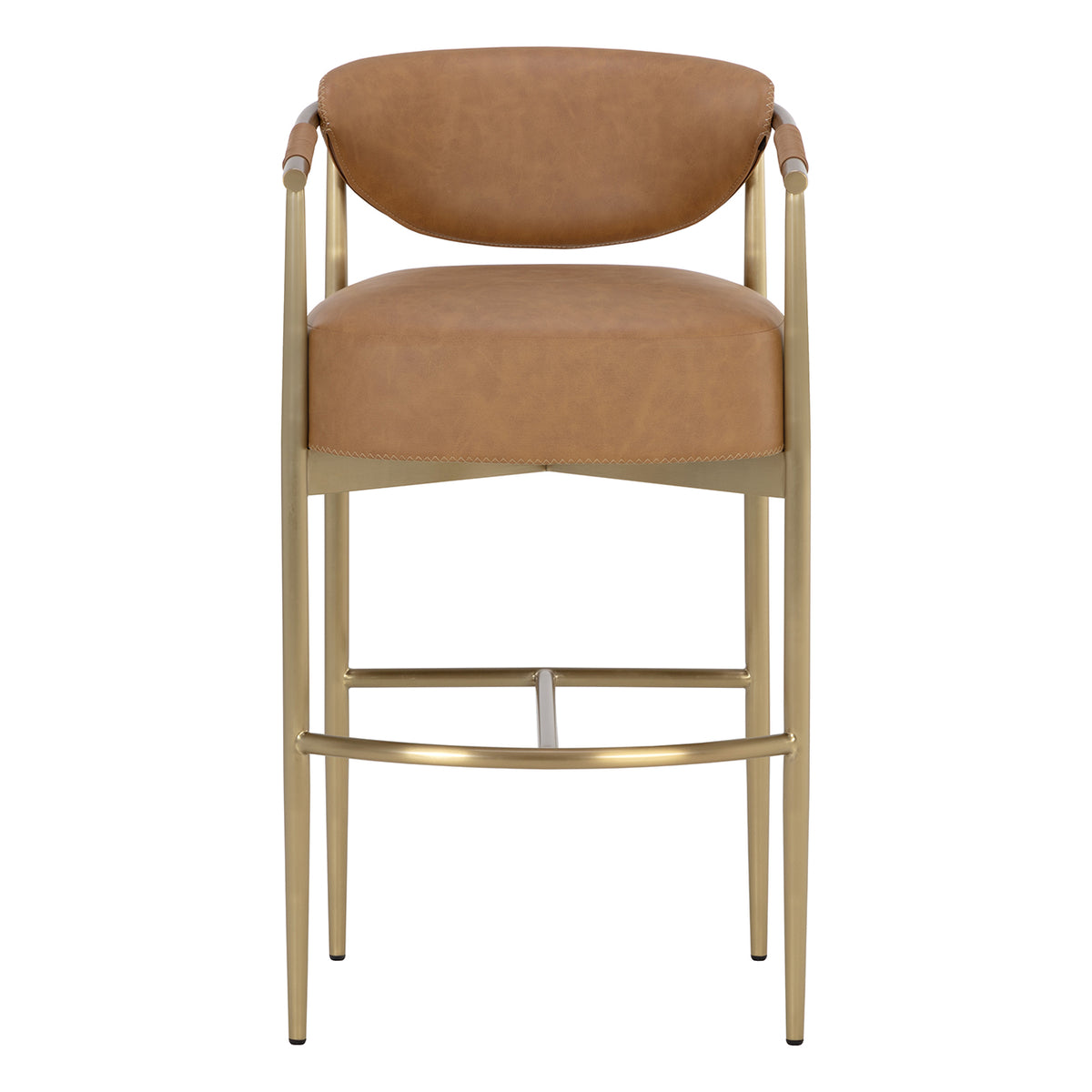 Front view of a cognac upholstered bar stool with an oval back, stitched seat edges, slim gold legs and a curved front footrest on a white background.