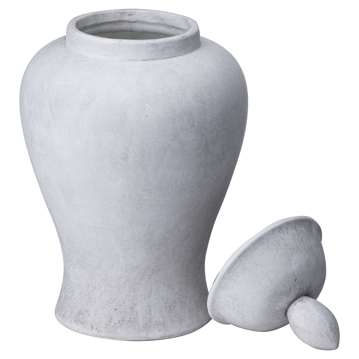Open pale stone-grey ginger jar with its domed lid resting beside it, revealing the raised collar and mottled surface.