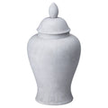 Pale stone-grey ginger jar with its domed lid fitted, showing an oval finial, rounded shoulders and a flared foot against white.