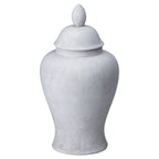 Pale stone-grey ginger jar with its domed lid fitted, showing an oval finial, rounded shoulders and a flared foot against white.