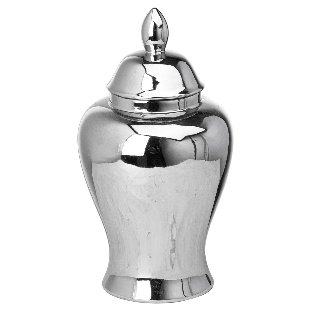 Reflective silver-coloured ginger jar with its domed lid in place, showing an oval finial, rounded shoulders and flared foot against white.