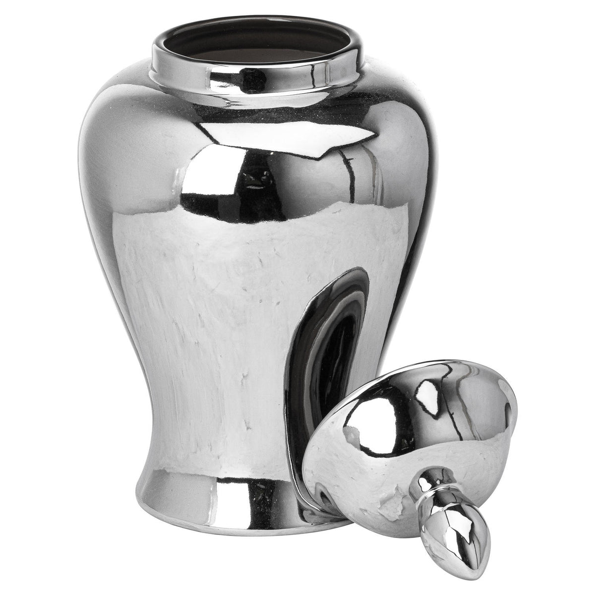 Silver-coloured ginger jar with its open neck visible and the domed lid resting on its side at the front right, oval finial pointing forwards.