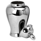 Reflective silver-coloured ginger jar with its opening visible and the domed lid resting at an angle beside the base, oval finial pointing downwards.