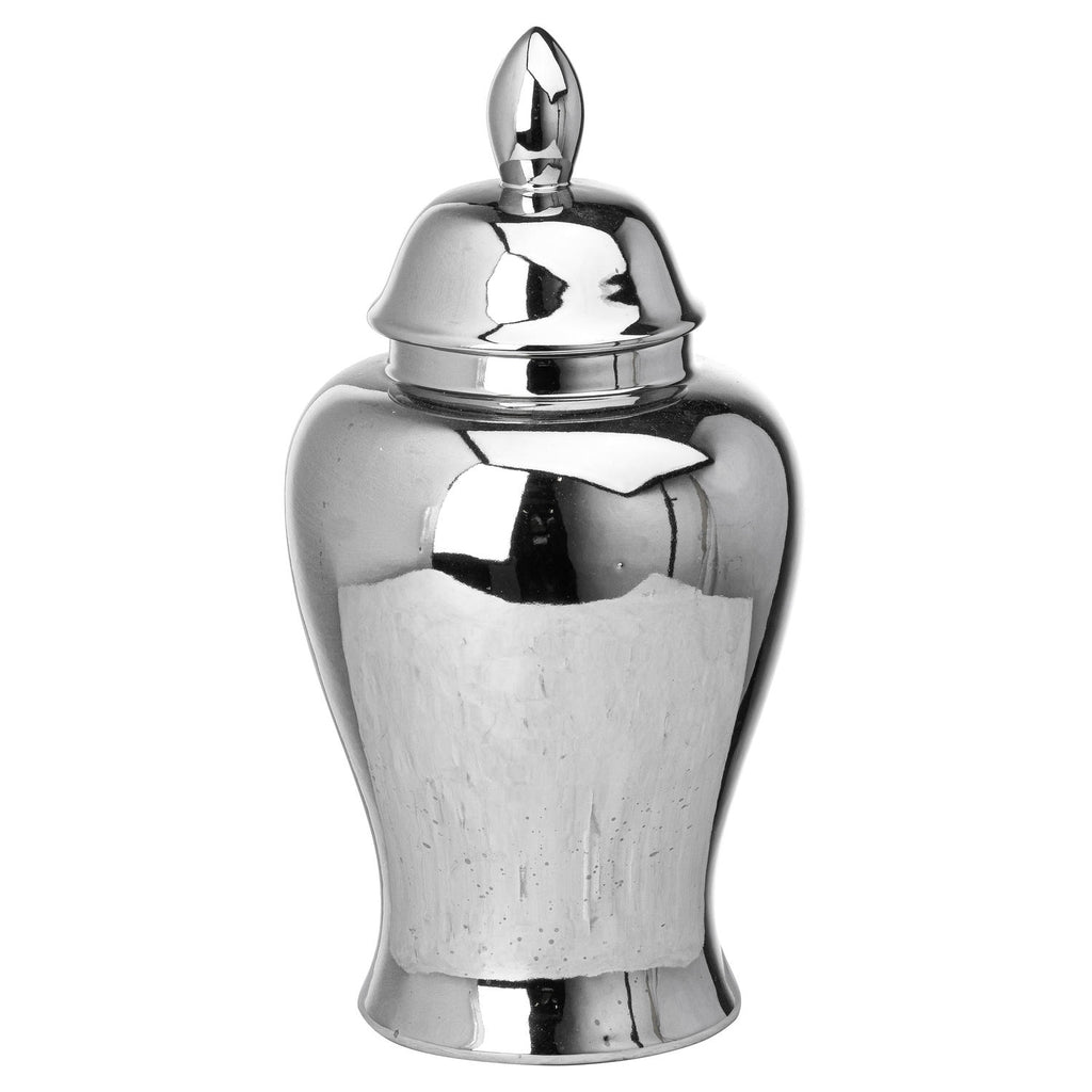 Silver-coloured ginger jar with its domed lid in place, showing an oval finial, rounded shoulder and flared foot against white.