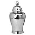 Silver-coloured ginger jar with its domed lid in place, showing an oval finial, rounded shoulder and flared foot against white.