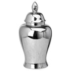 Silver-coloured ginger jar with its domed lid in place, showing an oval finial, rounded shoulder and flared foot against white.