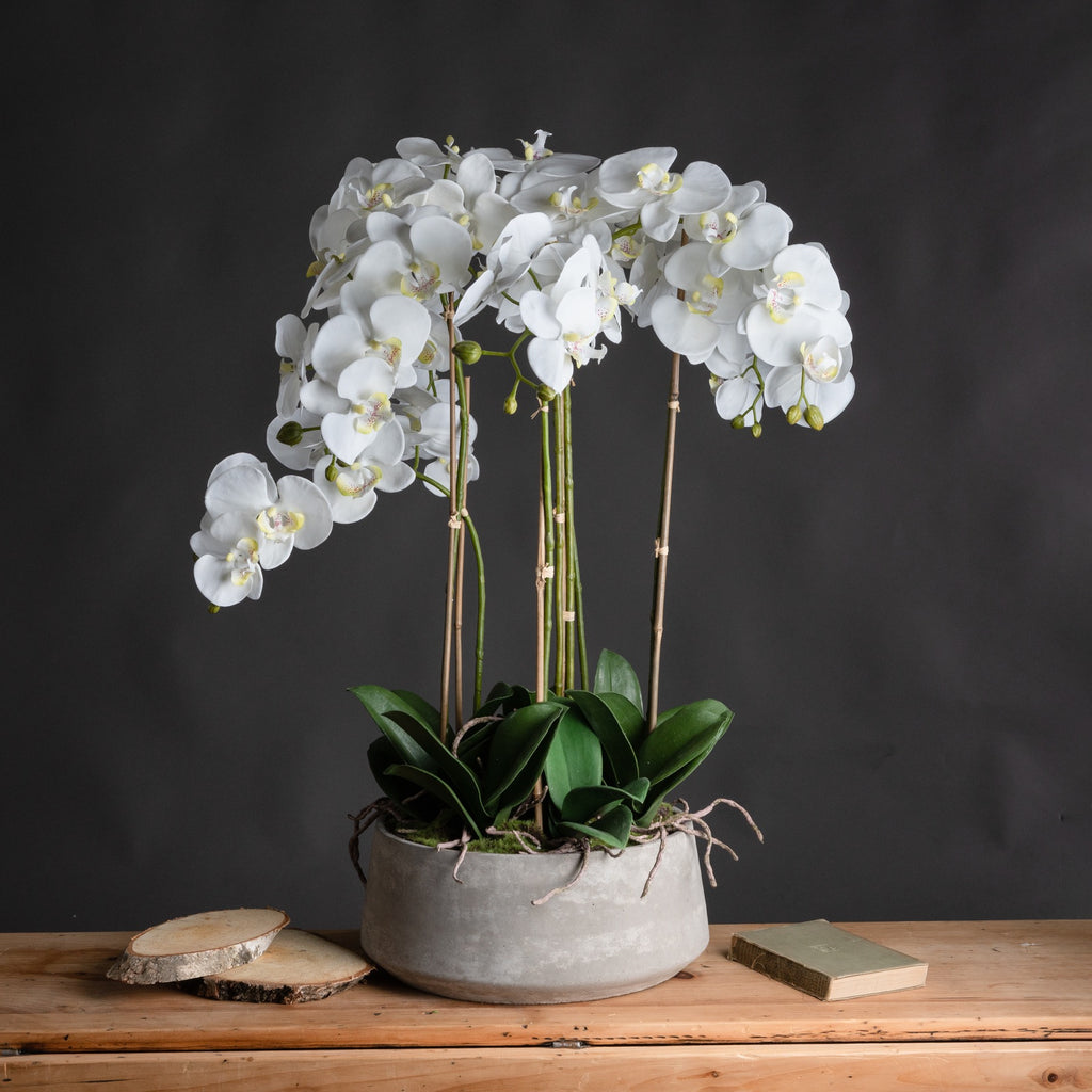 White artificial flower arrangement in a grey oval pot on a wooden surface against a dark wall, with wood slices to the left and a book to the right.