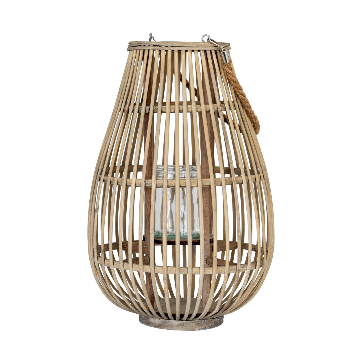 Warm tan oval lantern on a white background, with curved open ribs, a central cylindrical holder and a rope loop draped down the right side.