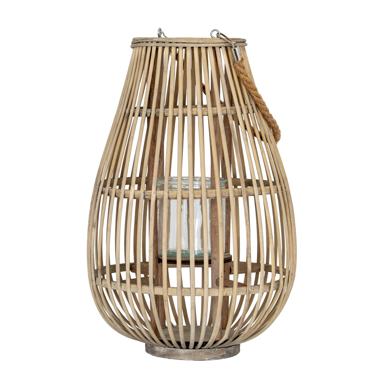 Warm tan oval lantern with closely spaced curved ribs, a rope loop resting down one side and a clear cylindrical holder visible in the centre, against a white background.