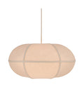 Pale oval pendant shade with curved panels, woven rib bands and a central horizontal band, suspended against a white background.