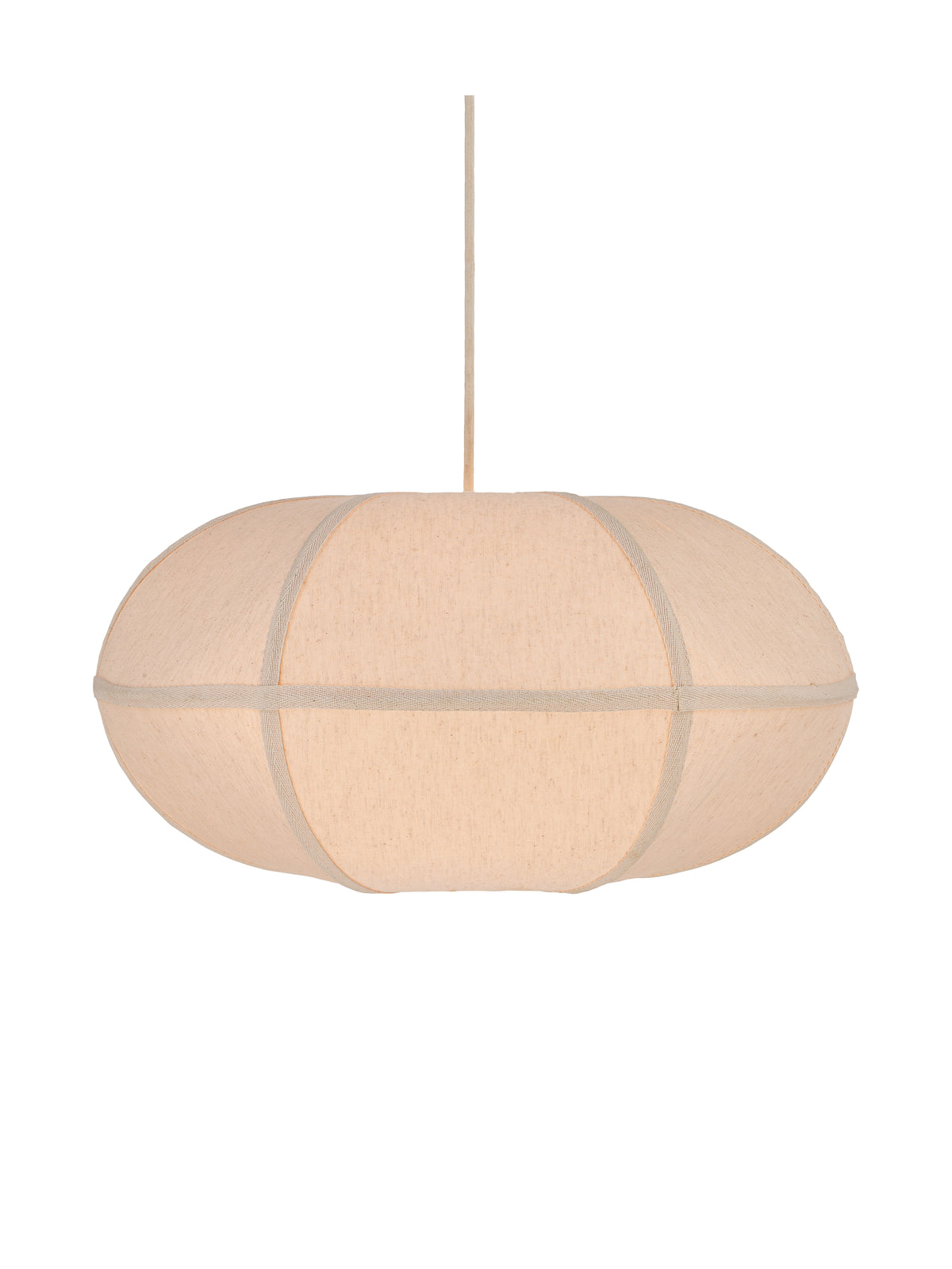 Pale oval pendant shade with curved panels, woven rib bands and a central horizontal band, suspended against a white background.