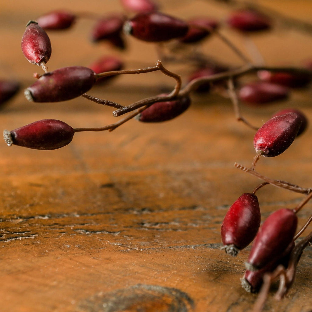 Close-up of burgundy-red artificial rosehip forms with dark tips and brown twigs resting on a warm-toned wooden surface.