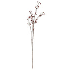 Full view of the artificial rosehip spray on white, with a long brown stem and burgundy-red oval forms on branching tips.