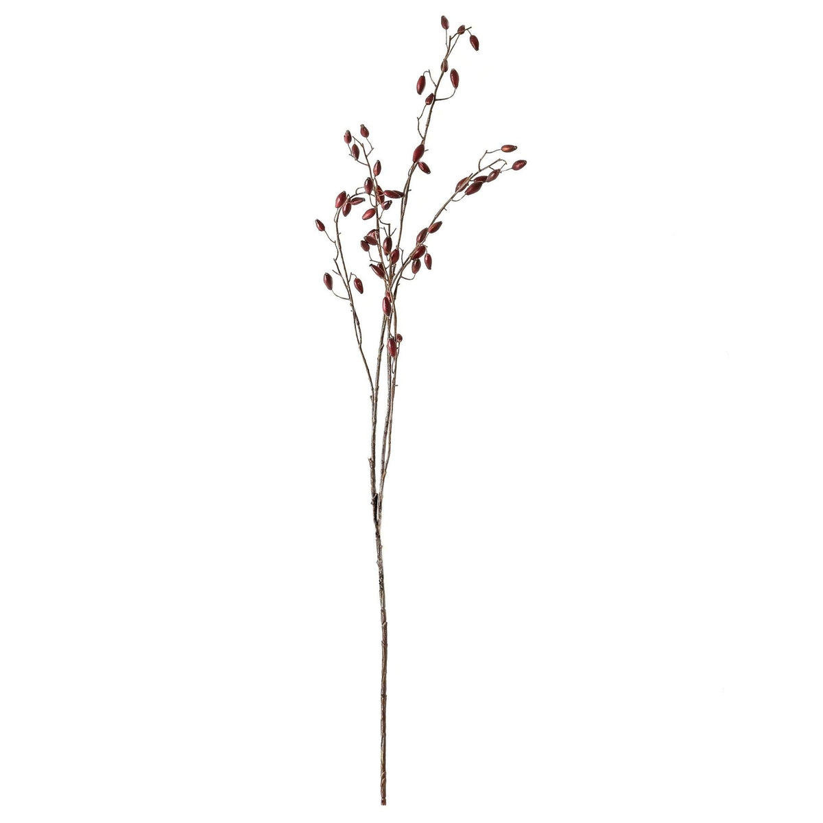 Full view of the artificial rosehip spray on white, with a long brown stem and burgundy-red oval forms on branching tips.