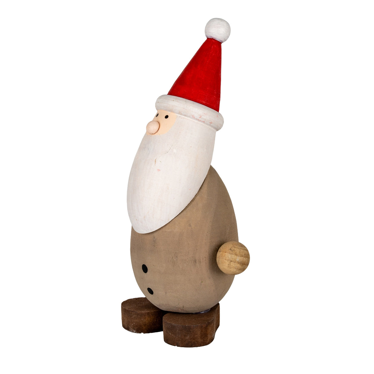 Opposite angled view of Santa facing left, showing his curved white beard, rounded brown body and two black buttons.