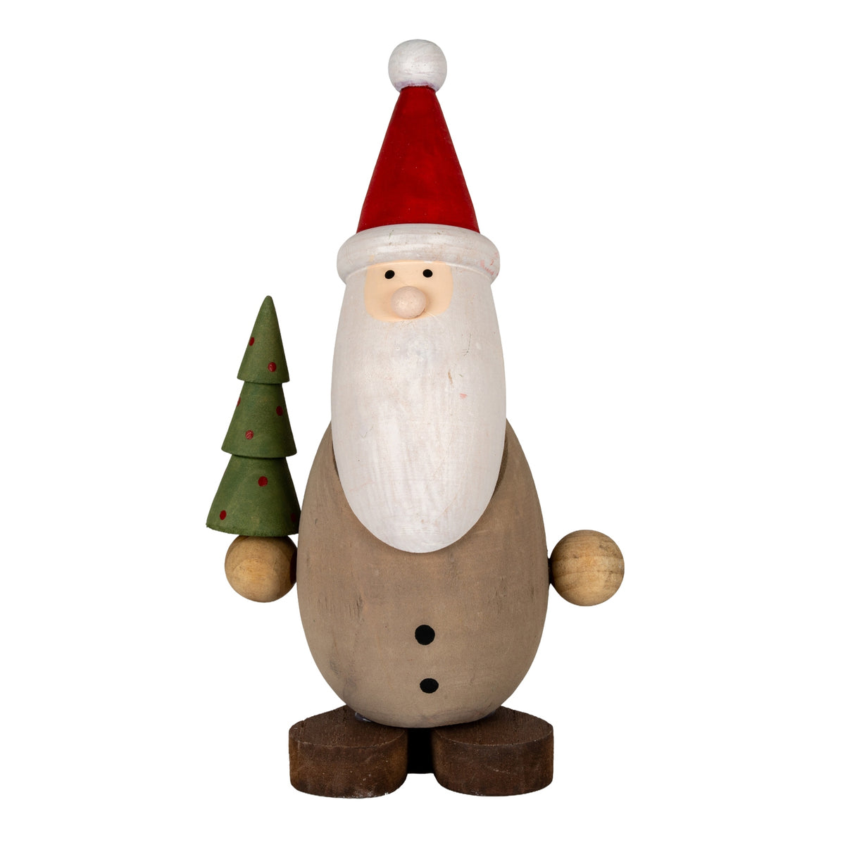 Front view of oval brown Santa with a long white beard, tall red hat and green tiered tree dotted with red.