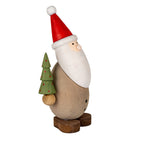Angled view of Santa facing right, showing the three tiers of his green tree, round hand and dark-brown feet.