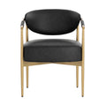 Front view of a black dining chair with a broad curved backrest, deep upholstered seat, gold legs and dark rope-wrapped arm sections on a white background.