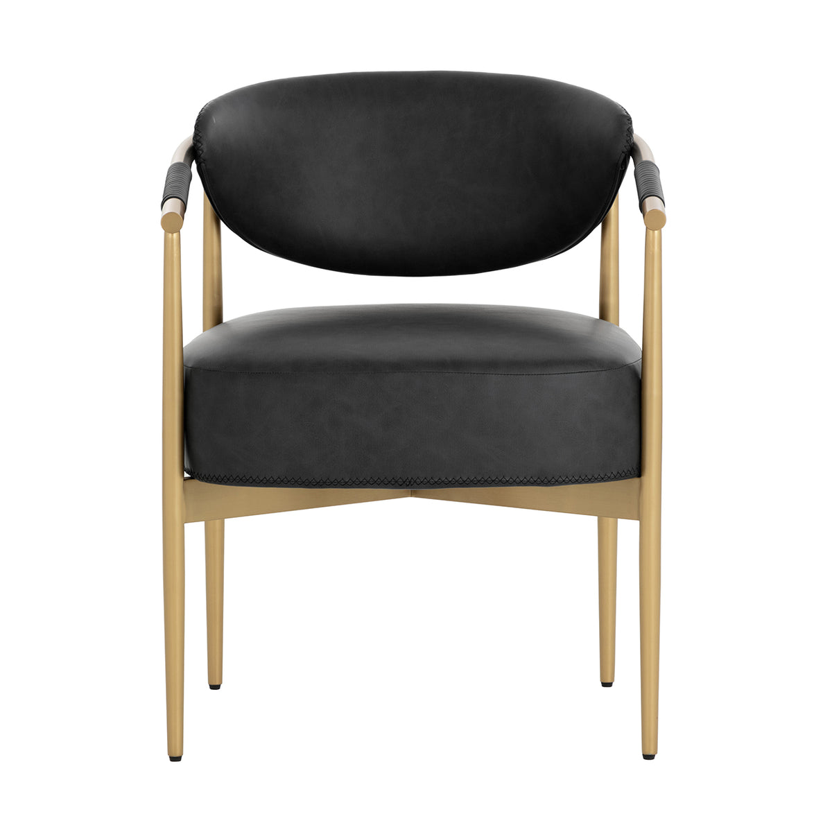 Front view of a black dining chair with a broad curved backrest, deep upholstered seat, gold legs and dark rope-wrapped arm sections on a white background.