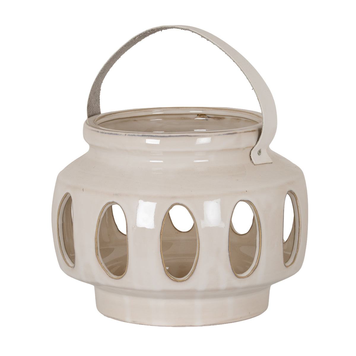 Glossy cream lantern with tall oval cut-outs, a wide open rim and a pale strap-like handle arched above the rounded body, shown against white.