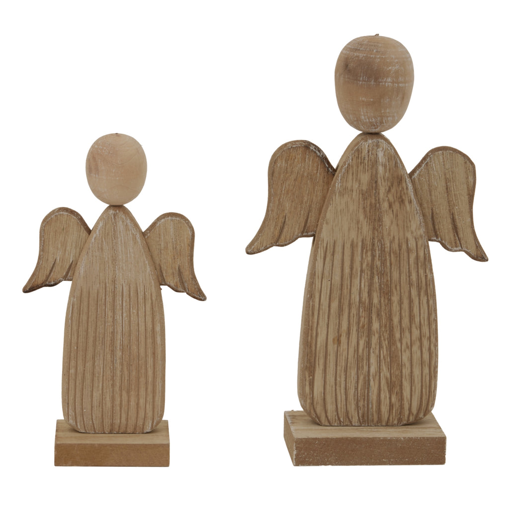 Two natural-toned angel figures on rectangular bases, with the larger figure on the right and a smaller figure on the left.