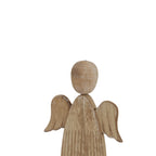 Angled upper-body view of the angel decoration showing its oval head, curved wings and pale markings across the natural-toned surface.