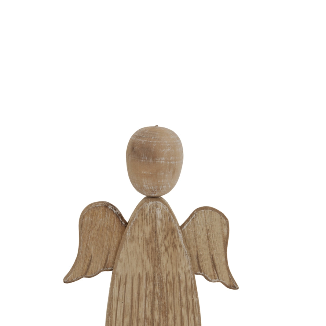 Front close-up of the angel's rounded oval head and curved wings, with vertical texture visible on the tapered body.