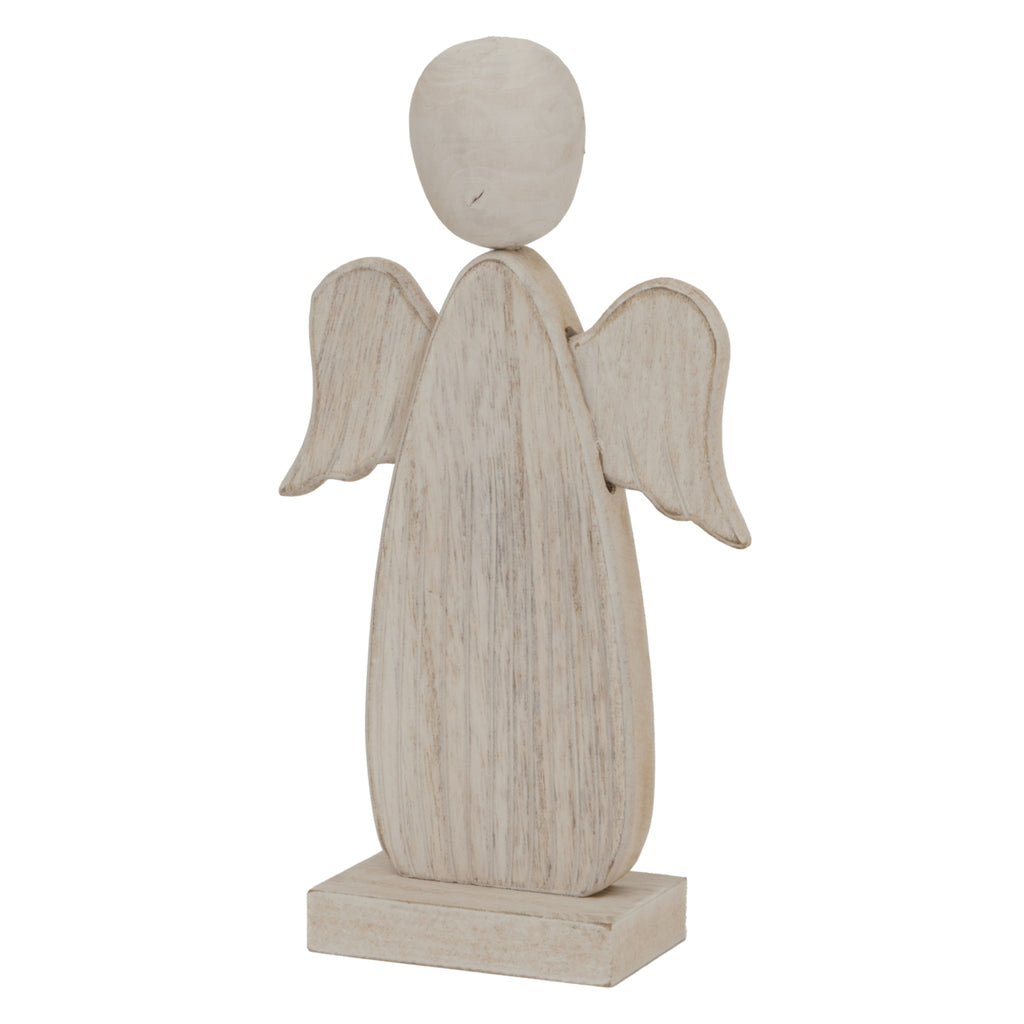 Angled view of the whitewashed angel showing the streaked surface of its body and curved wings, with the front and side of the block base visible.