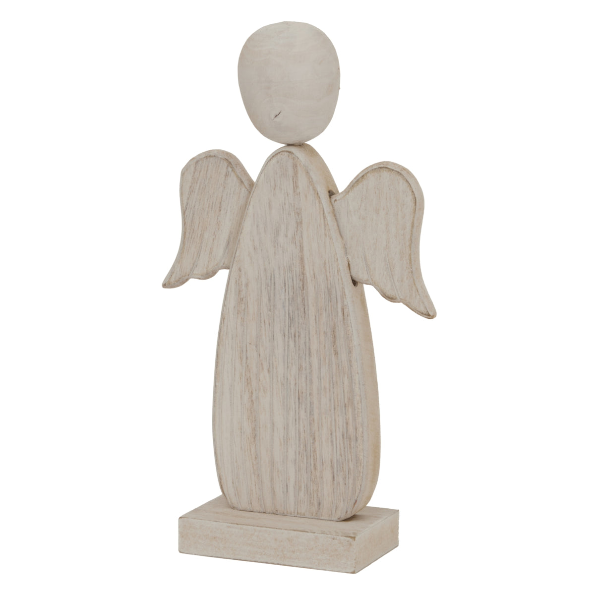 Angled view of the whitewashed angel showing the streaked surface of its body and curved wings, with the front and side of the block base visible.