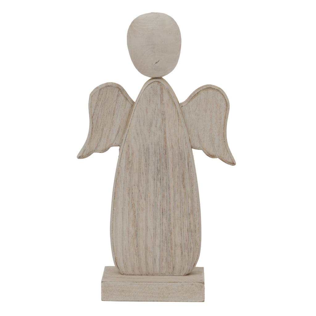 Front view of a whitewashed angel decoration with a plain oval head, curved wings and tapered body on a rectangular block base.
