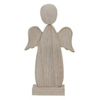 Front view of a whitewashed angel decoration with a plain oval head, curved wings and tapered body on a rectangular block base.